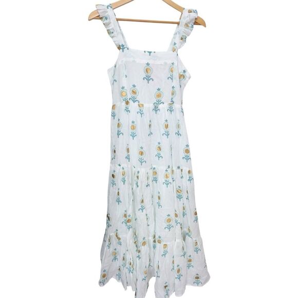 Oliphant Leela White Blue Ruffle Cross Back Sleeveless Midi Dress. NEW. Small. - Picture 7 of 16